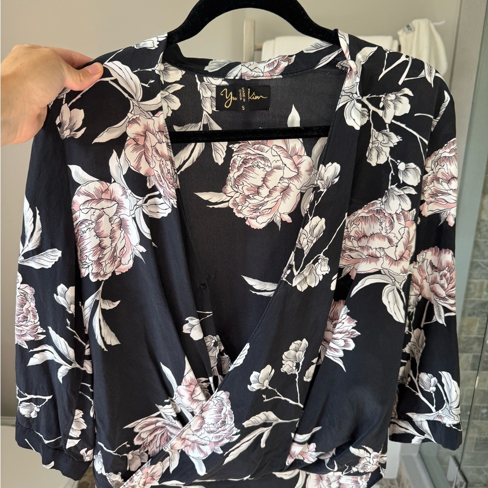Yumi Kim Black Floral Wrap Top